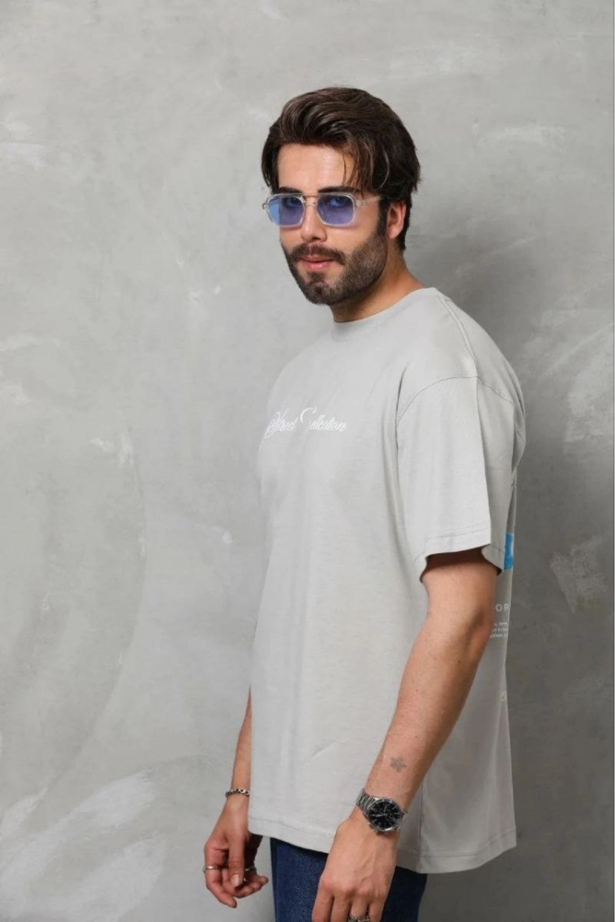 Erkek Baskılı T-Shirt Kısa Kol Bisiklet Yaka Regular Fit Tişört - Gri