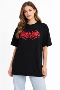 Kadın Kısa Kol Yazlık Tişört Bisiklet Yaka Baskılı Oversize T-Shirt -  Siyah