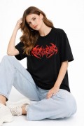 Kadın Kısa Kol Yazlık Tişört Bisiklet Yaka Baskılı Oversize T-Shirt -  Siyah