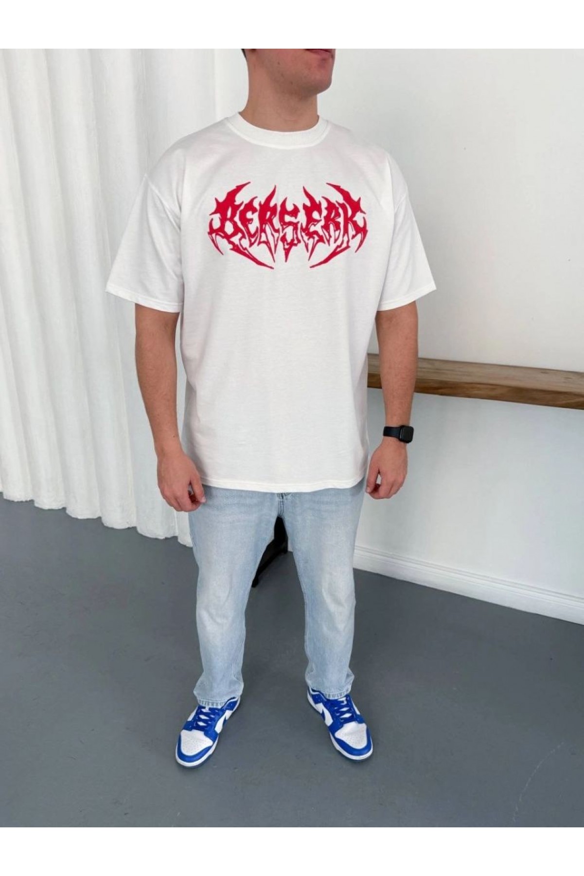 Erkek Kısa Kol Yazlık Tişört Bisiklet Yaka Baskılı Oversize T-Shirt - Beyaz