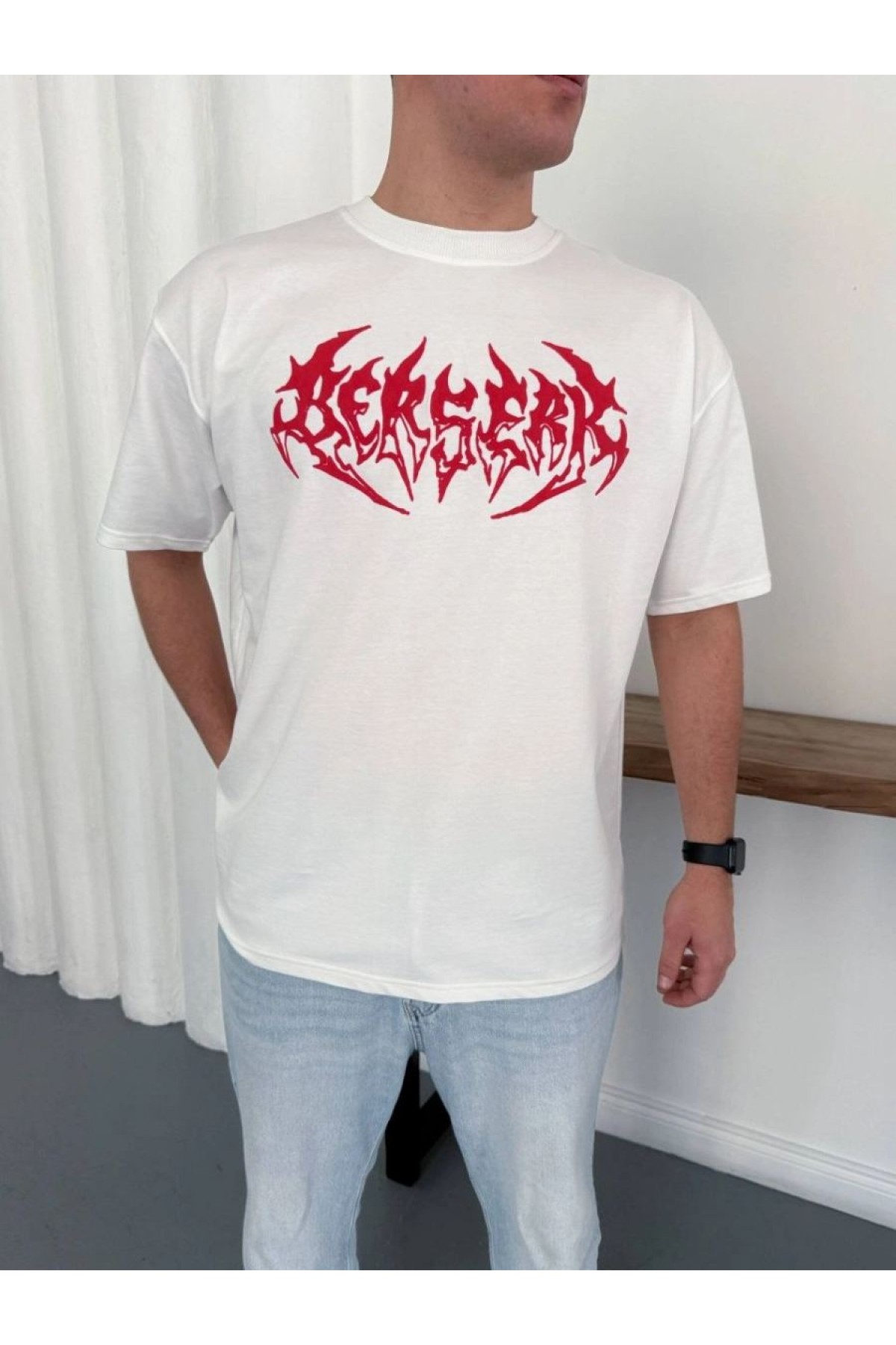 Erkek Kısa Kol Yazlık Tişört Bisiklet Yaka Baskılı Oversize T-Shirt - Beyaz