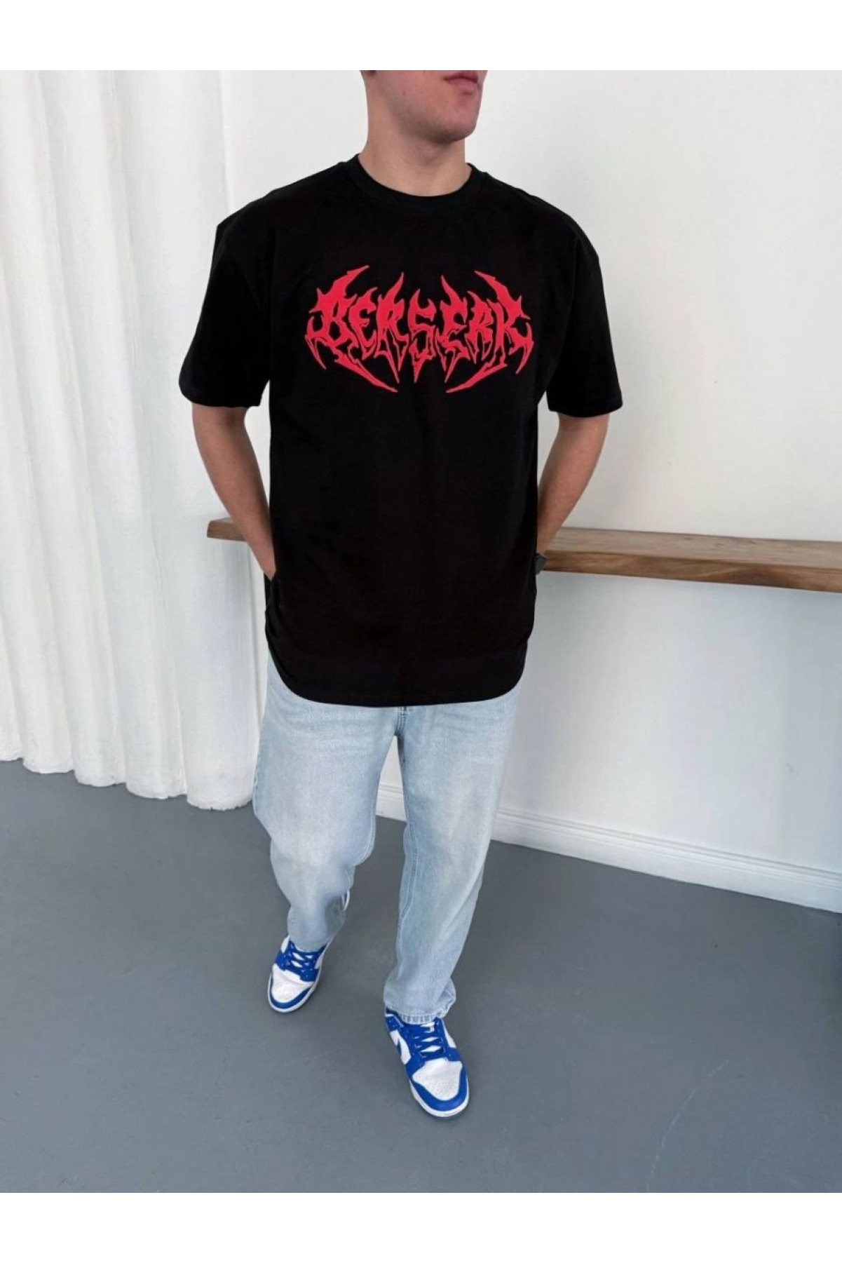 Erkek Kısa Kol Yazlık Tişört Bisiklet Yaka Baskılı Oversize T-Shirt - Siyah