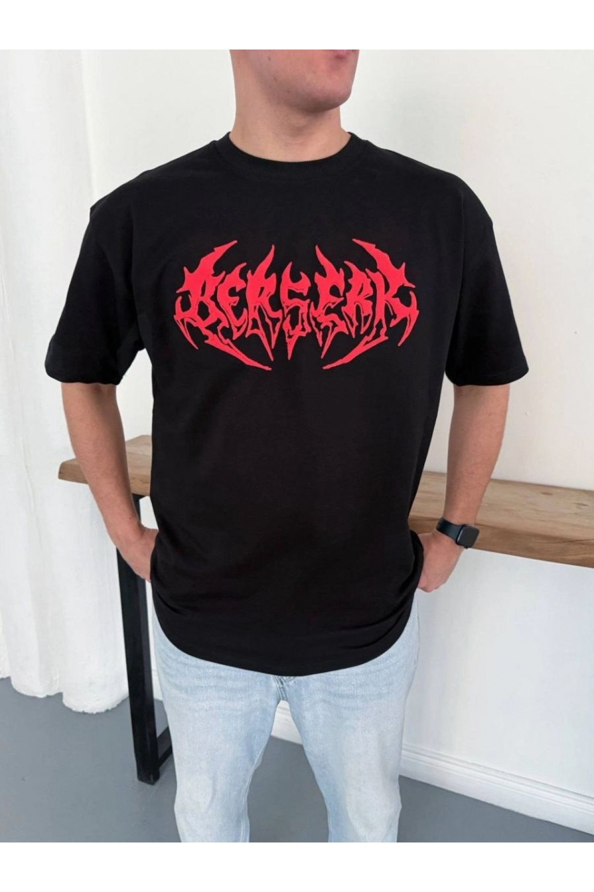 Erkek Kısa Kol Yazlık Tişört Bisiklet Yaka Baskılı Oversize T-Shirt - Siyah