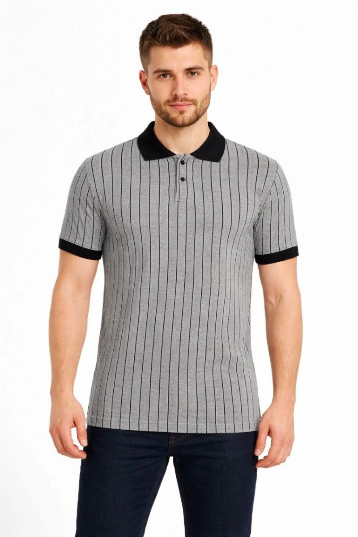 Erkek Polo Yaka Çizgili Tişört Kısa Kol Düğmeli Yazlık T-Shirt - Gri