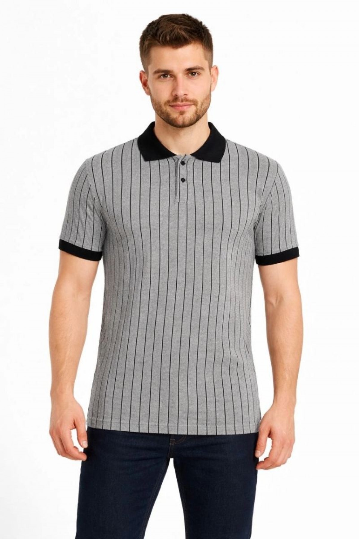 Erkek Polo Yaka Çizgili Tişört Kısa Kol Düğmeli Yazlık T-Shirt - Gri