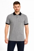 Erkek Polo Yaka Çizgili Tişört Kısa Kol Düğmeli Yazlık T-Shirt - Gri