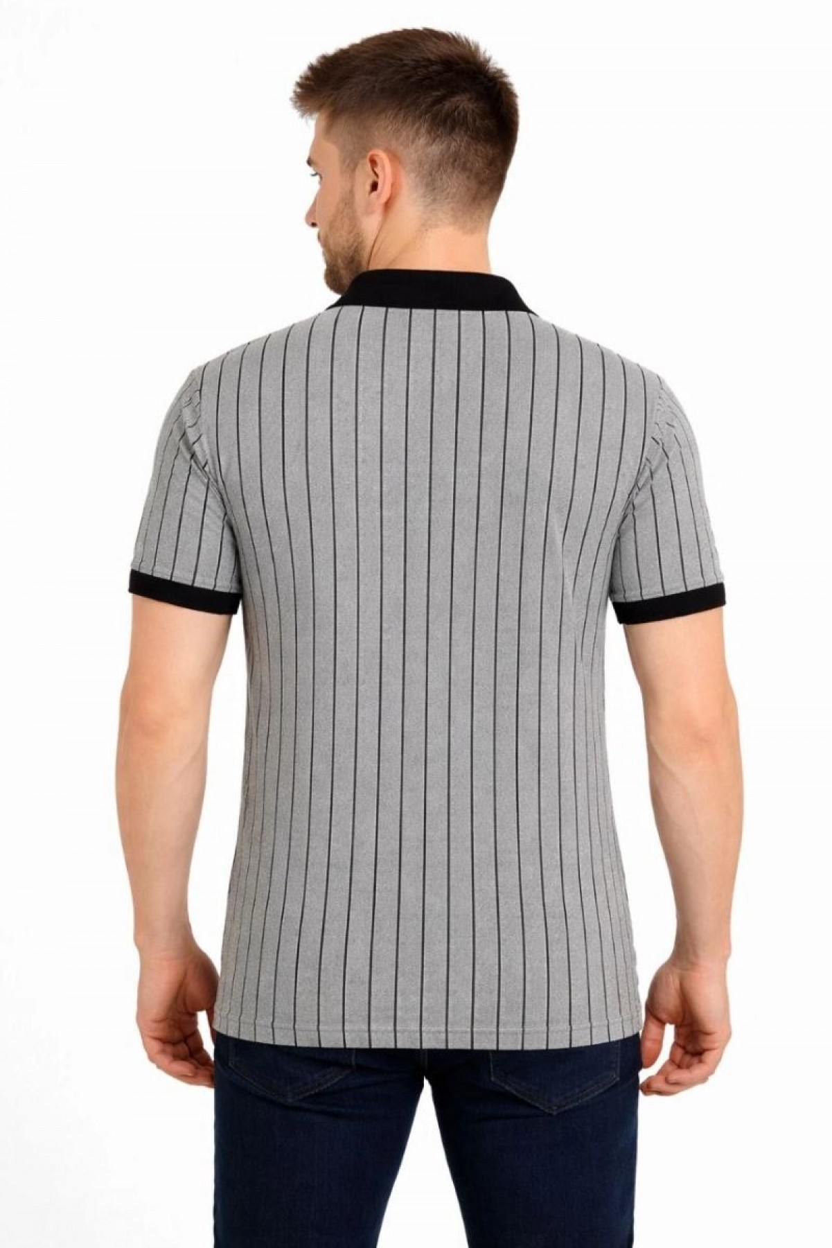 Erkek Polo Yaka Çizgili Tişört Kısa Kol Düğmeli Yazlık T-Shirt - Gri