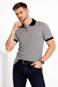 Erkek Polo Yaka Çizgili Tişört Kısa Kol Düğmeli Yazlık T-Shirt - Gri