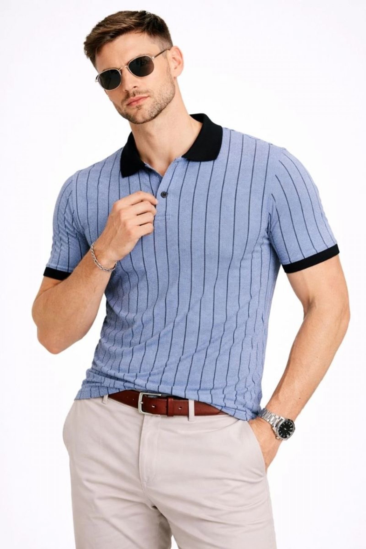 Erkek Polo Yaka Çizgili Tişört Kısa Kol Düğmeli Yazlık T-Shirt - Bebek Mavisi