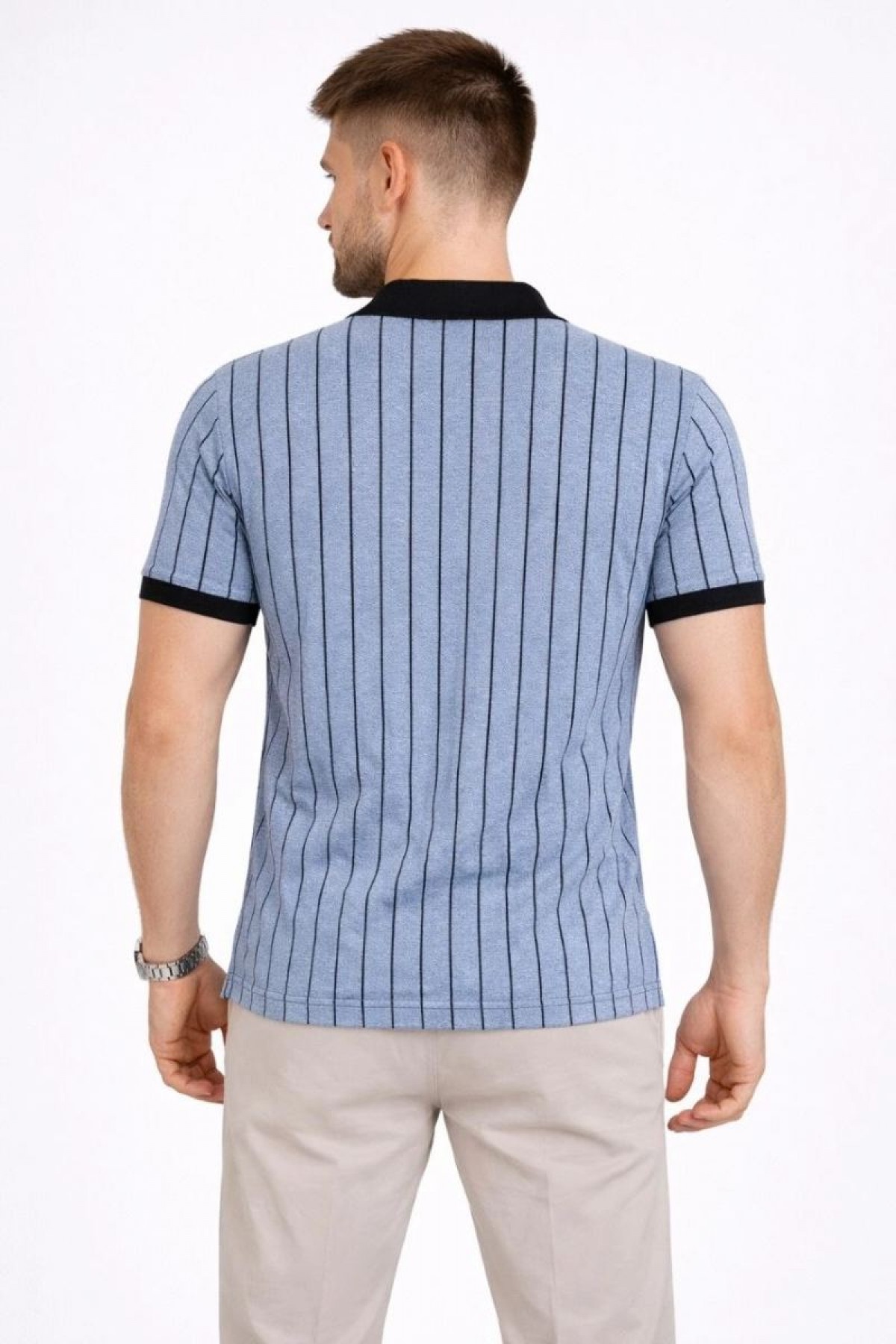 Erkek Polo Yaka Çizgili Tişört Kısa Kol Düğmeli Yazlık T-Shirt - Bebek Mavisi