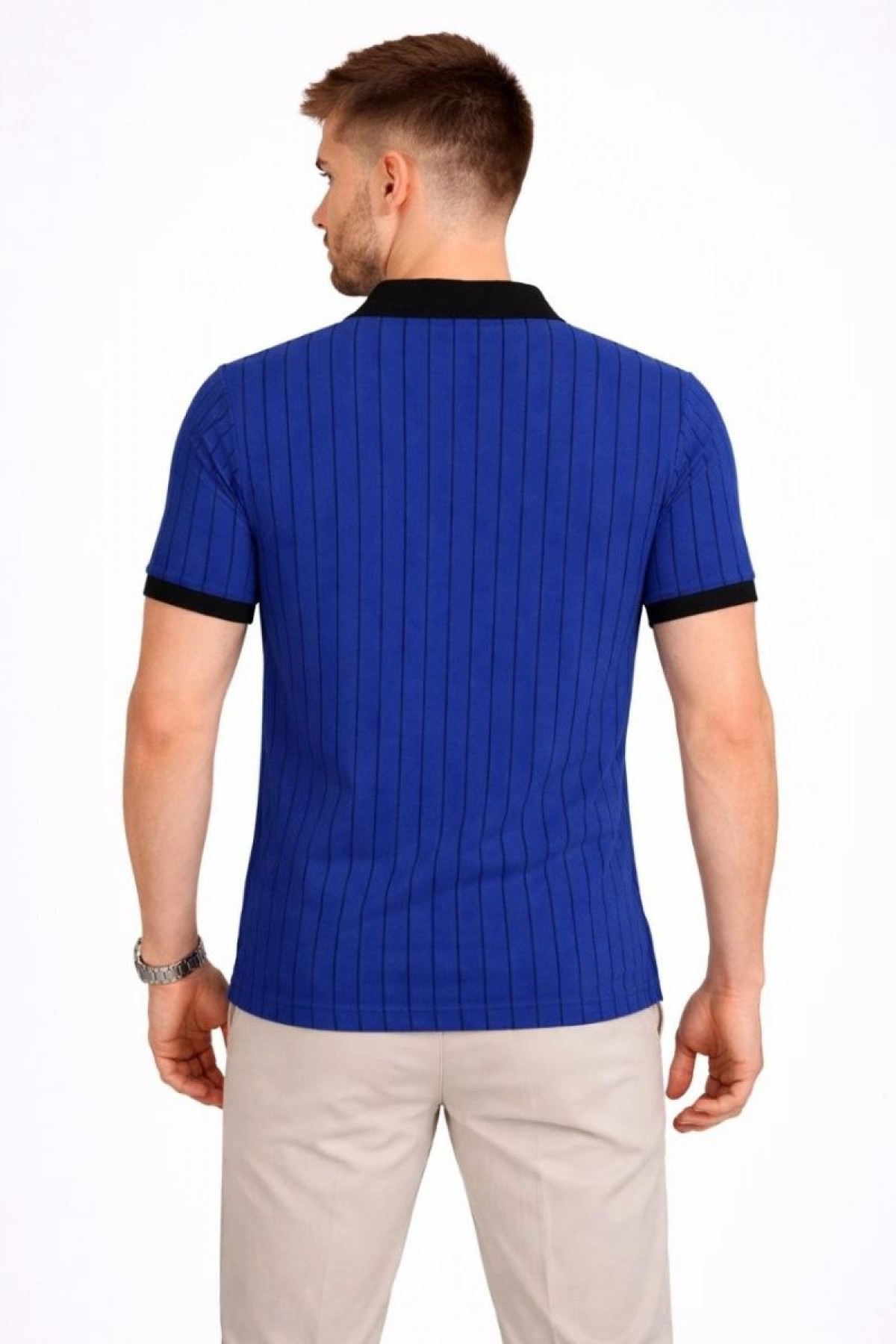 Erkek Polo Yaka Çizgili Tişört Kısa Kol Düğmeli Yazlık T-Shirt - Saks Mavisi