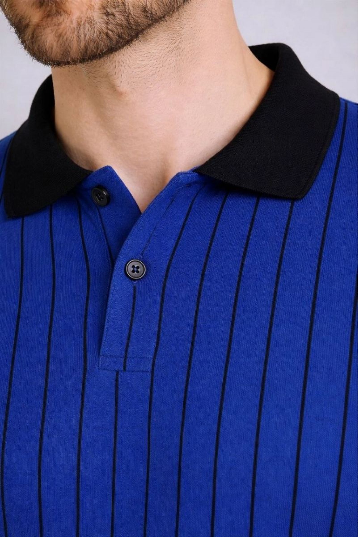 Erkek Polo Yaka Çizgili Tişört Kısa Kol Düğmeli Yazlık T-Shirt - Saks Mavisi
