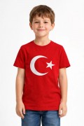 Erkek Çocuk Tişört Bisiklet Yaka Ay Yıldız Bayrak Baskılı T-Shirt - Kırmızı