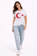 Kadın T-Shirt Kısa Kol Bisiklet Yaka Ay Yıldız Bayrak Baskılı Tişört - Beyaz