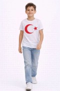 Erkek Çocuk Tişört Bisiklet Yaka Ay Yıldız Bayrak Baskılı T-Shirt - Beyaz