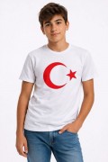 Erkek Çocuk Tişört Bisiklet Yaka Ay Yıldız Bayrak Baskılı T-Shirt - Beyaz