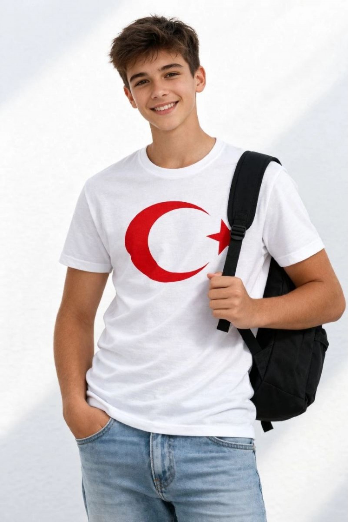 Erkek Çocuk Tişört Bisiklet Yaka Ay Yıldız Bayrak Baskılı T-Shirt - Beyaz