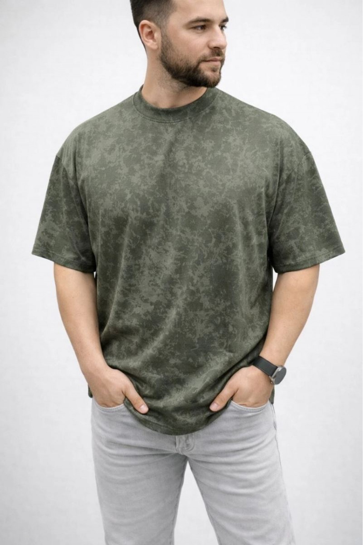 Erkek Premium Tişört OSY Yumuşak Dokulu Yıkamalı Oversize T-Shirt - Haki