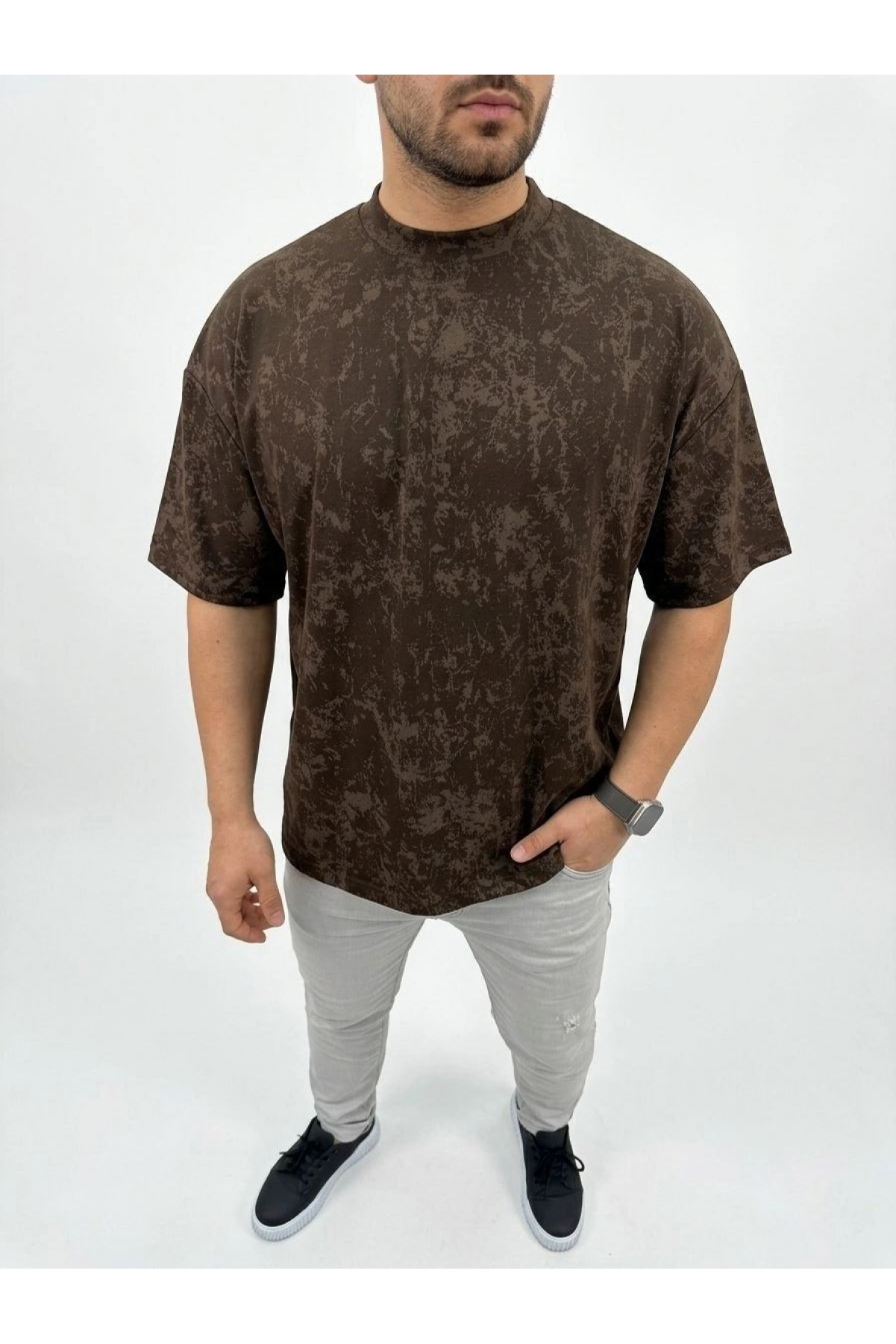 Erkek Premium Tişört OSY Yumuşak Dokulu Yıkamalı Oversize T-Shirt - Kahverengi