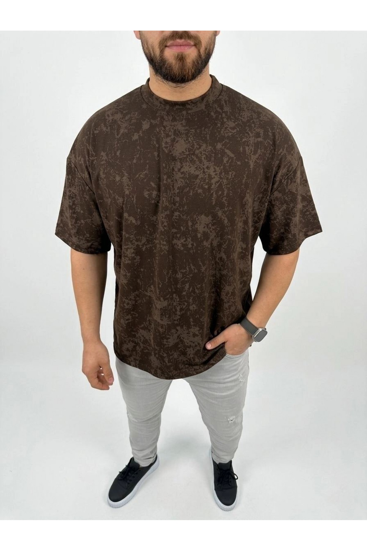 Erkek Premium Tişört OSY Yumuşak Dokulu Yıkamalı Oversize T-Shirt - Kahverengi