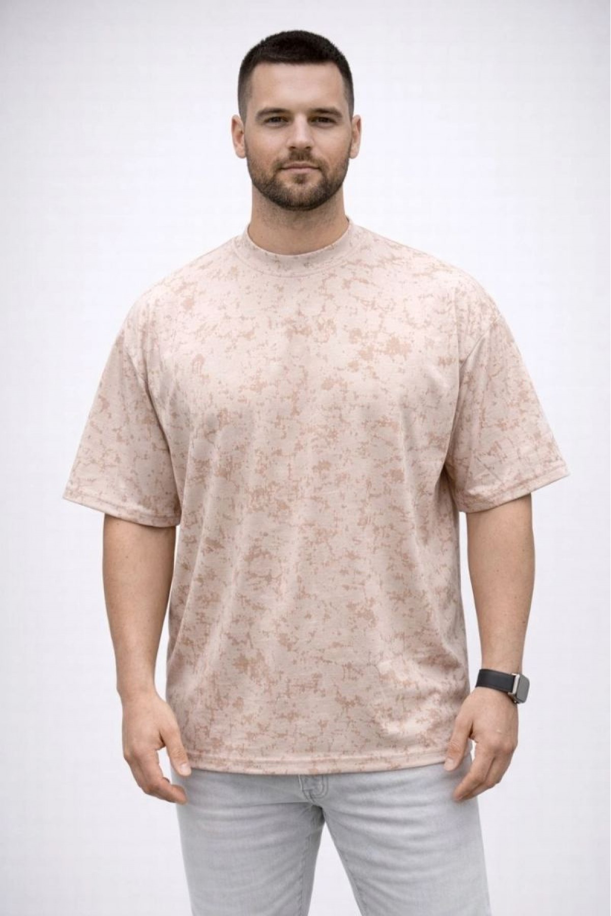 Erkek Premium Tişört OSY Yumuşak Dokulu Yıkamalı Oversize T-Shirt - Bej