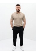 Erkek Yazlık Triko Saç Örgü Tişört Kısa Kol Polo Yaka Fermuarlı T-Shirt - Bej