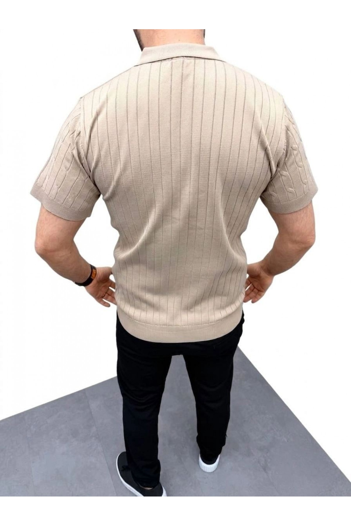 Erkek Yazlık Triko Saç Örgü Tişört Kısa Kol Polo Yaka Fermuarlı T-Shirt - Bej