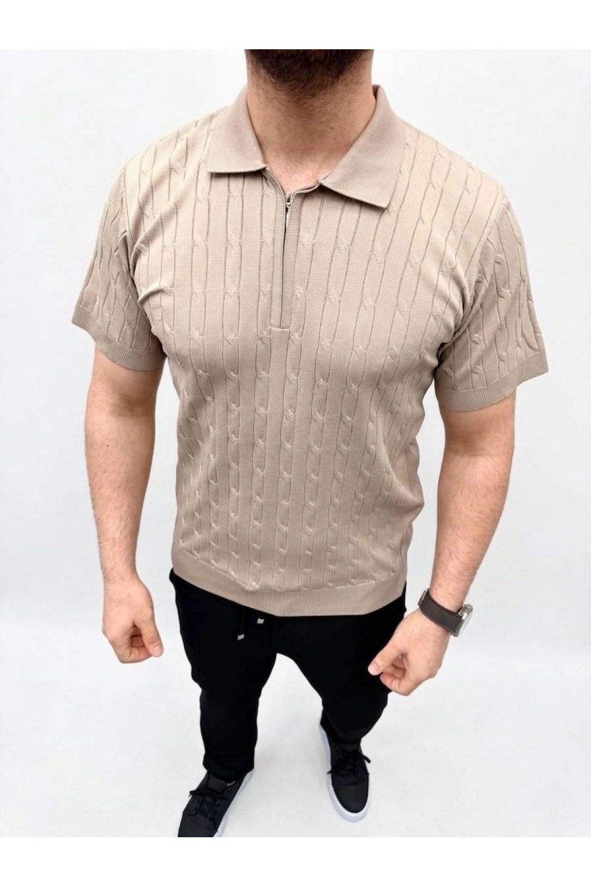 Erkek Yazlık Triko Saç Örgü Tişört Kısa Kol Polo Yaka Fermuarlı T-Shirt - Bej