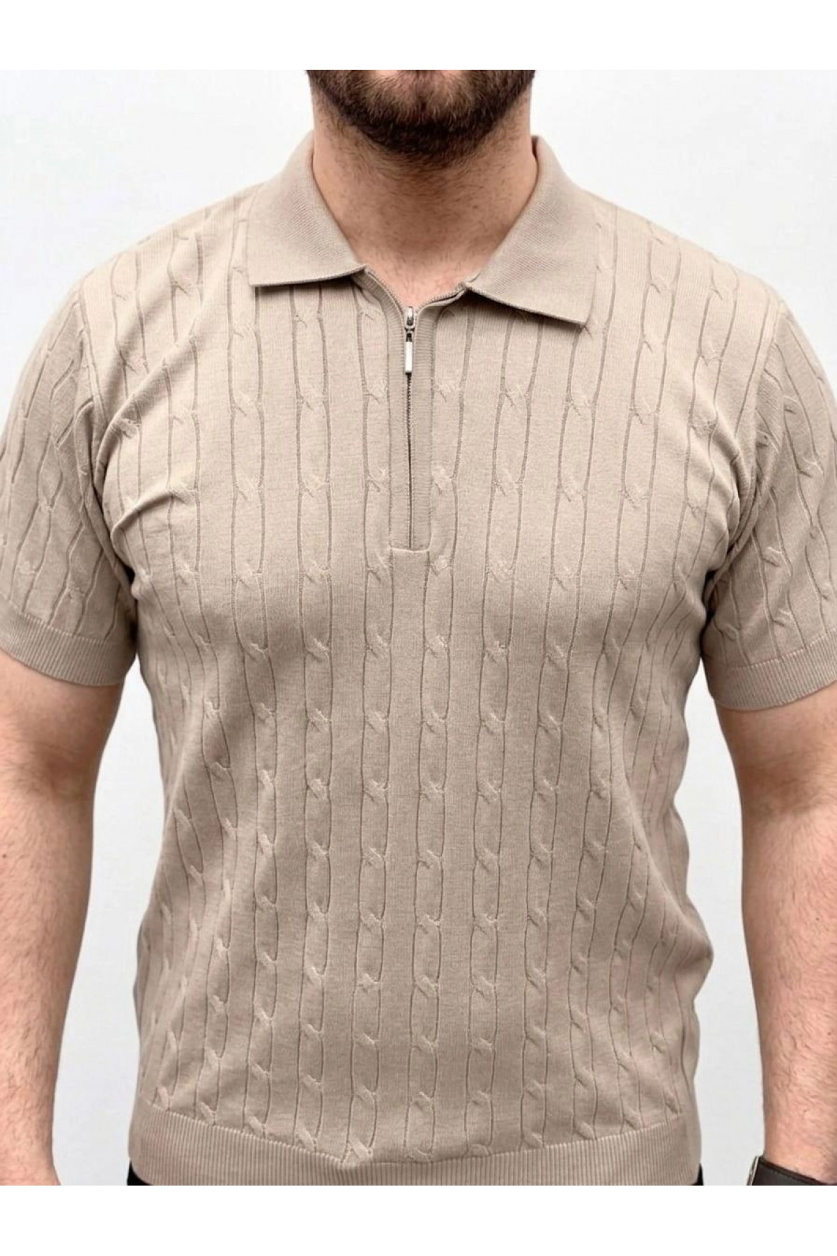 Erkek Yazlık Triko Saç Örgü Tişört Kısa Kol Polo Yaka Fermuarlı T-Shirt - Bej