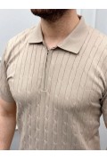 Erkek Yazlık Triko Saç Örgü Tişört Kısa Kol Polo Yaka Fermuarlı T-Shirt - Bej