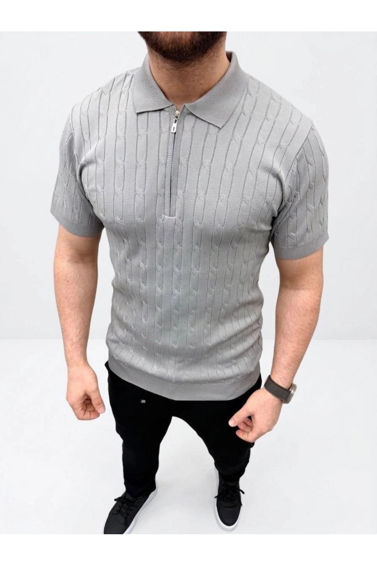 Erkek Yazlık Triko Saç Örgü Tişört Kısa Kol Polo Yaka Fermuarlı T-Shirt - Gri