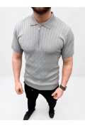 Erkek Yazlık Triko Saç Örgü Tişört Kısa Kol Polo Yaka Fermuarlı T-Shirt - Gri