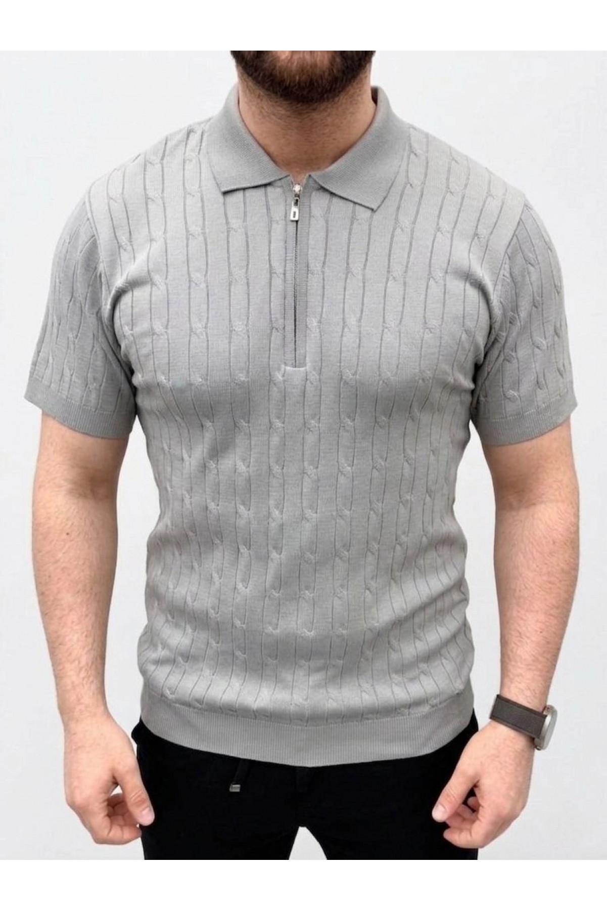 Erkek Yazlık Triko Saç Örgü Tişört Kısa Kol Polo Yaka Fermuarlı T-Shirt - Gri