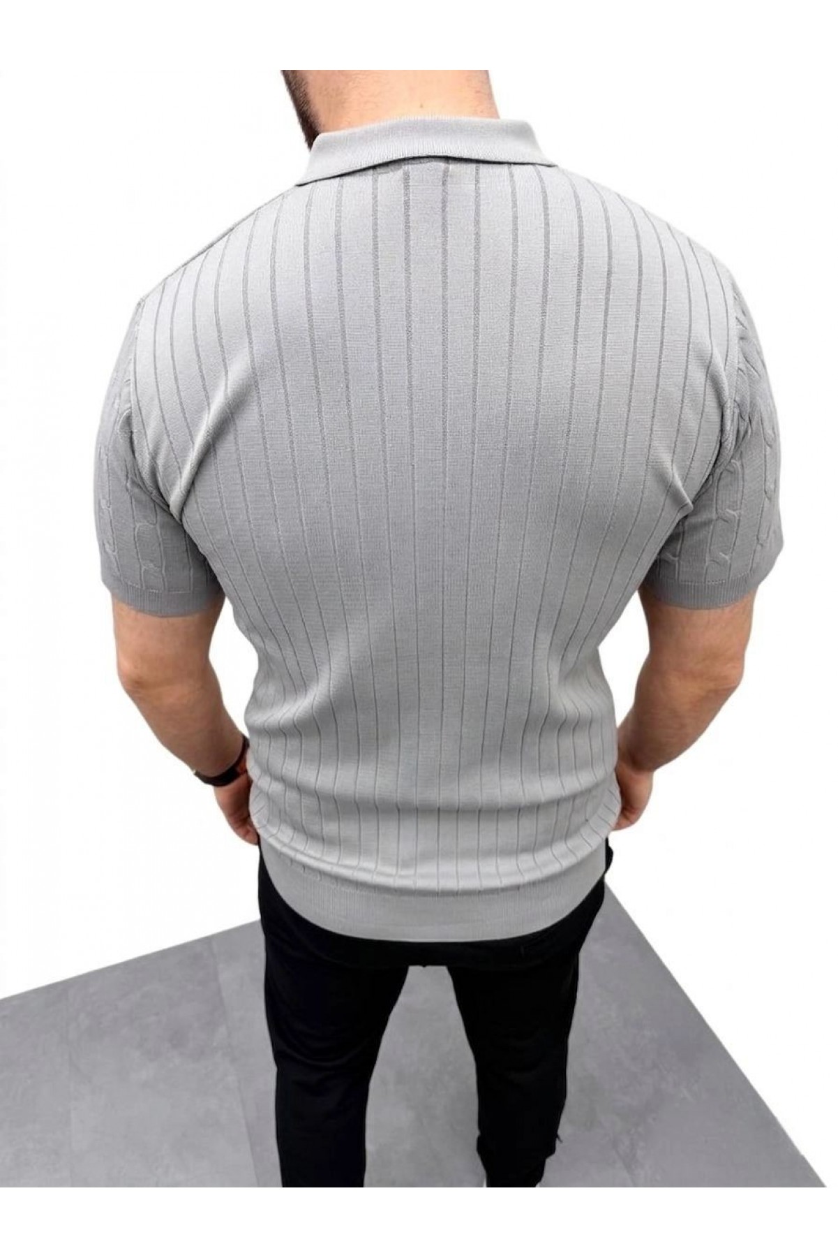 Erkek Yazlık Triko Saç Örgü Tişört Kısa Kol Polo Yaka Fermuarlı T-Shirt - Gri