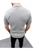 Erkek Yazlık Triko Saç Örgü Tişört Kısa Kol Polo Yaka Fermuarlı T-Shirt - Gri