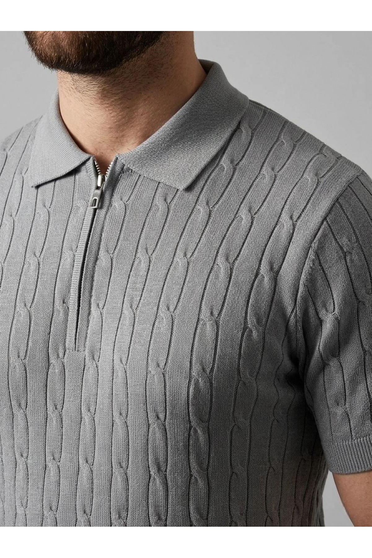 Erkek Yazlık Triko Saç Örgü Tişört Kısa Kol Polo Yaka Fermuarlı T-Shirt - Gri