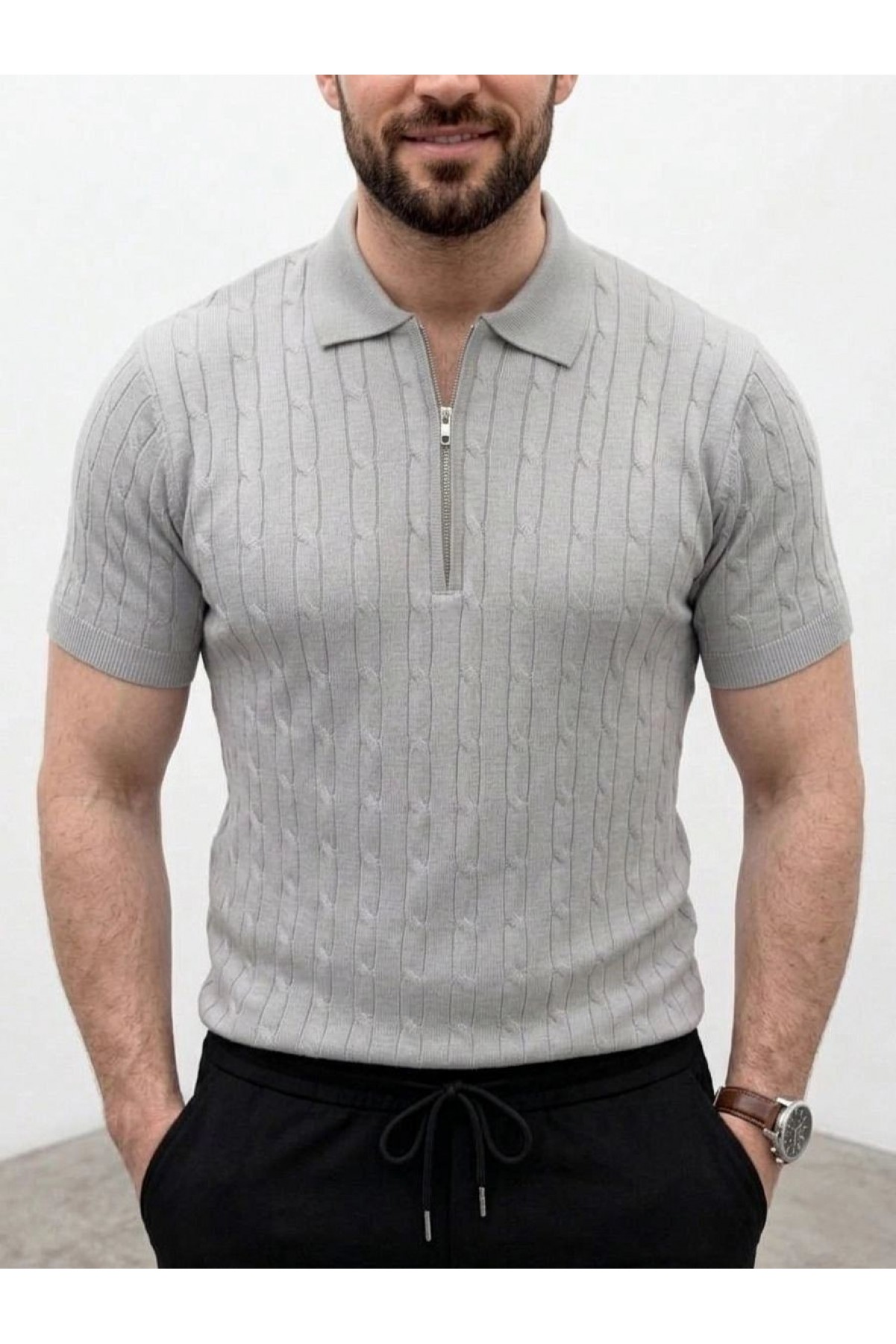Erkek Yazlık Triko Saç Örgü Tişört Kısa Kol Polo Yaka Fermuarlı T-Shirt - Gri
