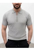 Erkek Yazlık Triko Saç Örgü Tişört Kısa Kol Polo Yaka Fermuarlı T-Shirt - Gri