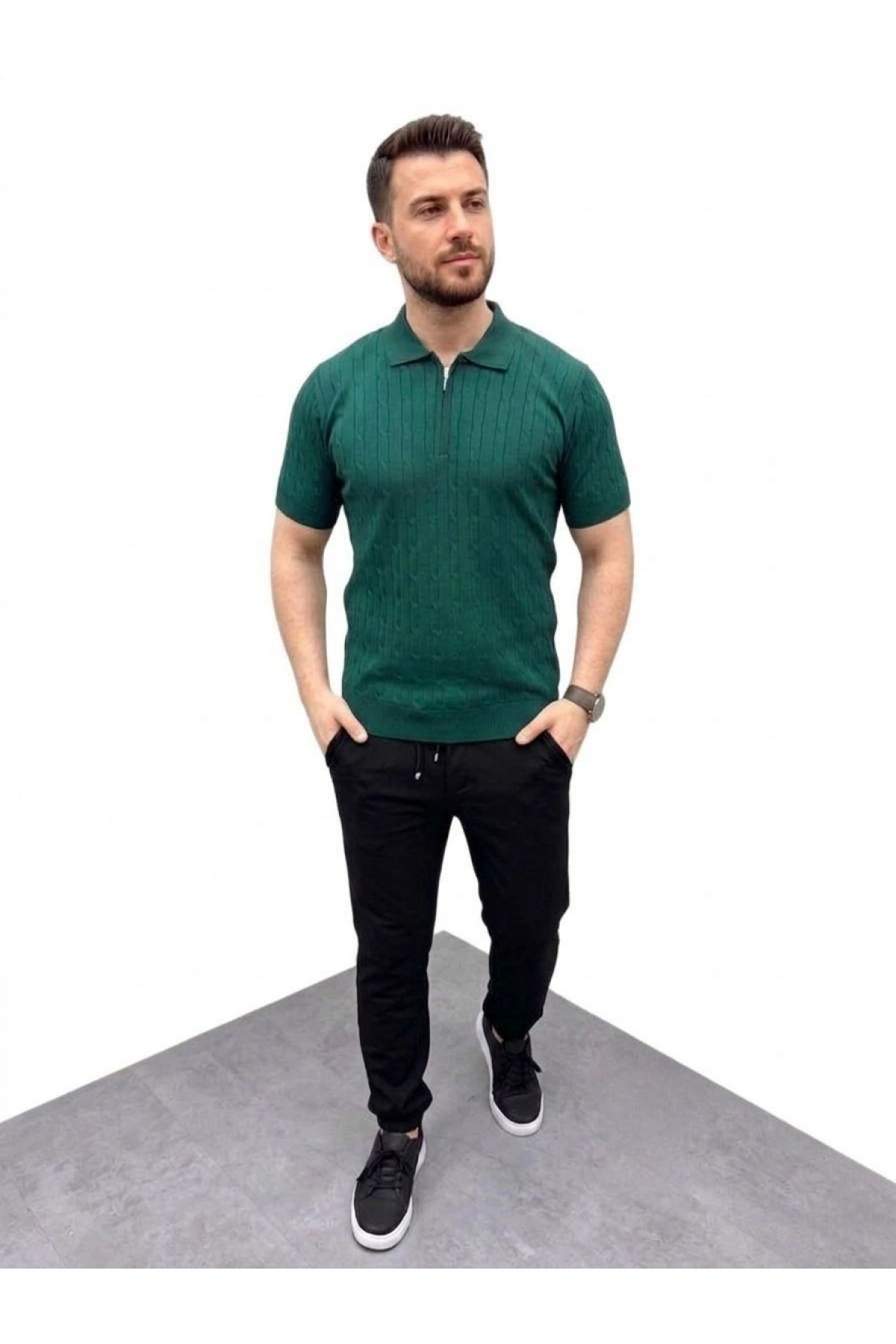 Erkek Yazlık Triko Saç Örgü Tişört Kısa Kol Polo Yaka Fermuarlı T-Shirt - Haki