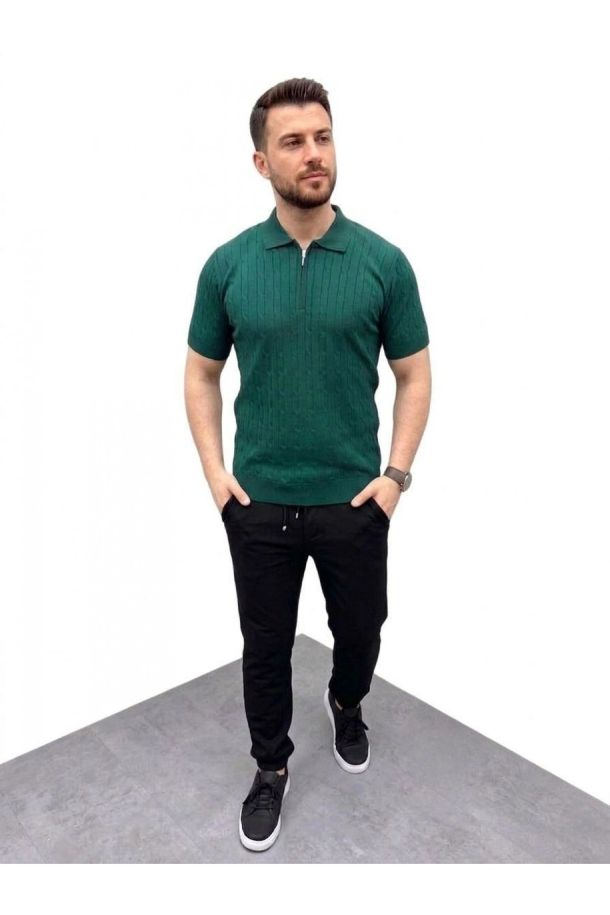 Erkek Yazlık Triko Saç Örgü Tişört Kısa Kol Polo Yaka Fermuarlı T-Shirt - Haki