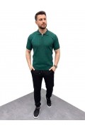 Erkek Yazlık Triko Saç Örgü Tişört Kısa Kol Polo Yaka Fermuarlı T-Shirt - Haki
