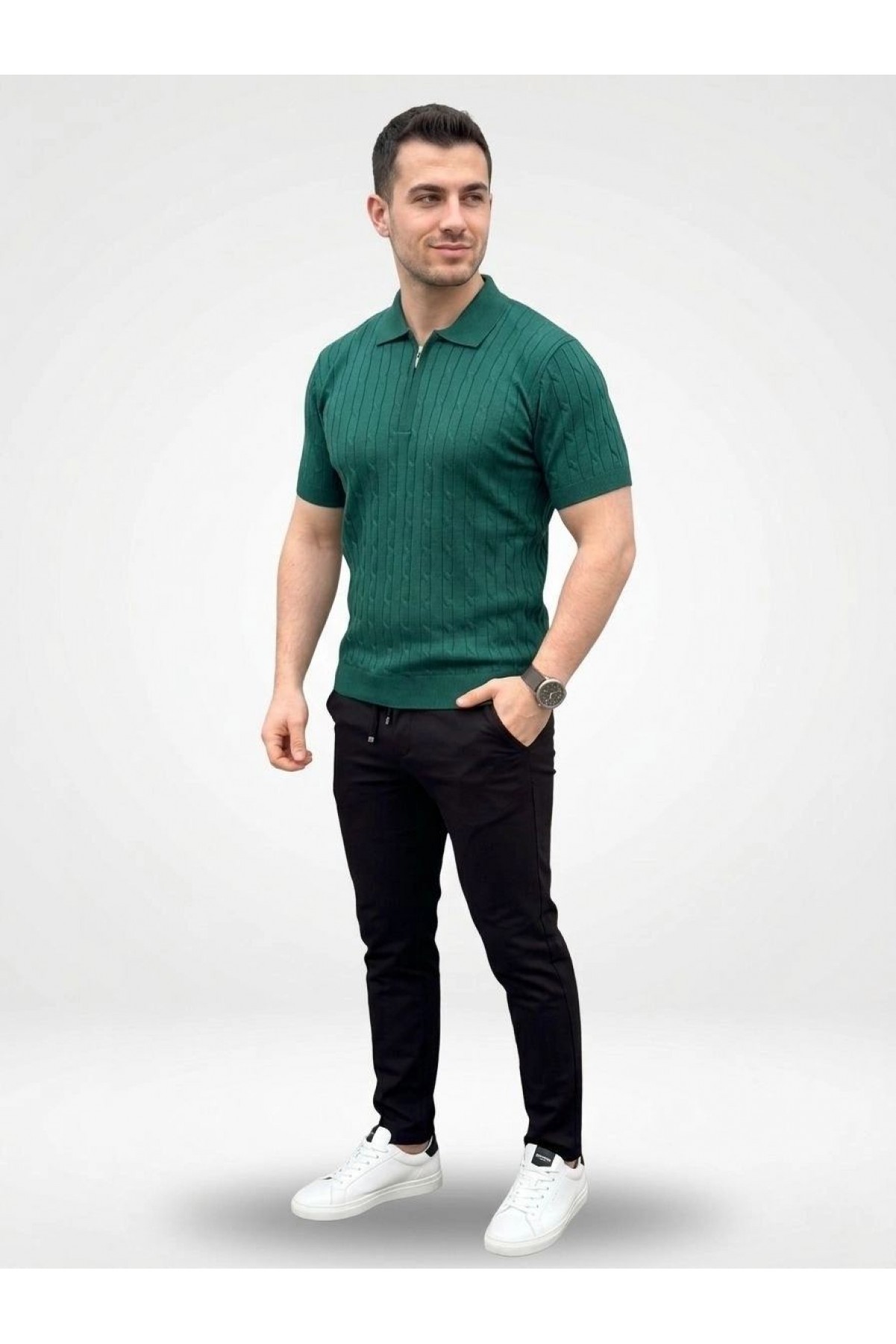 Erkek Yazlık Triko Saç Örgü Tişört Kısa Kol Polo Yaka Fermuarlı T-Shirt - Haki