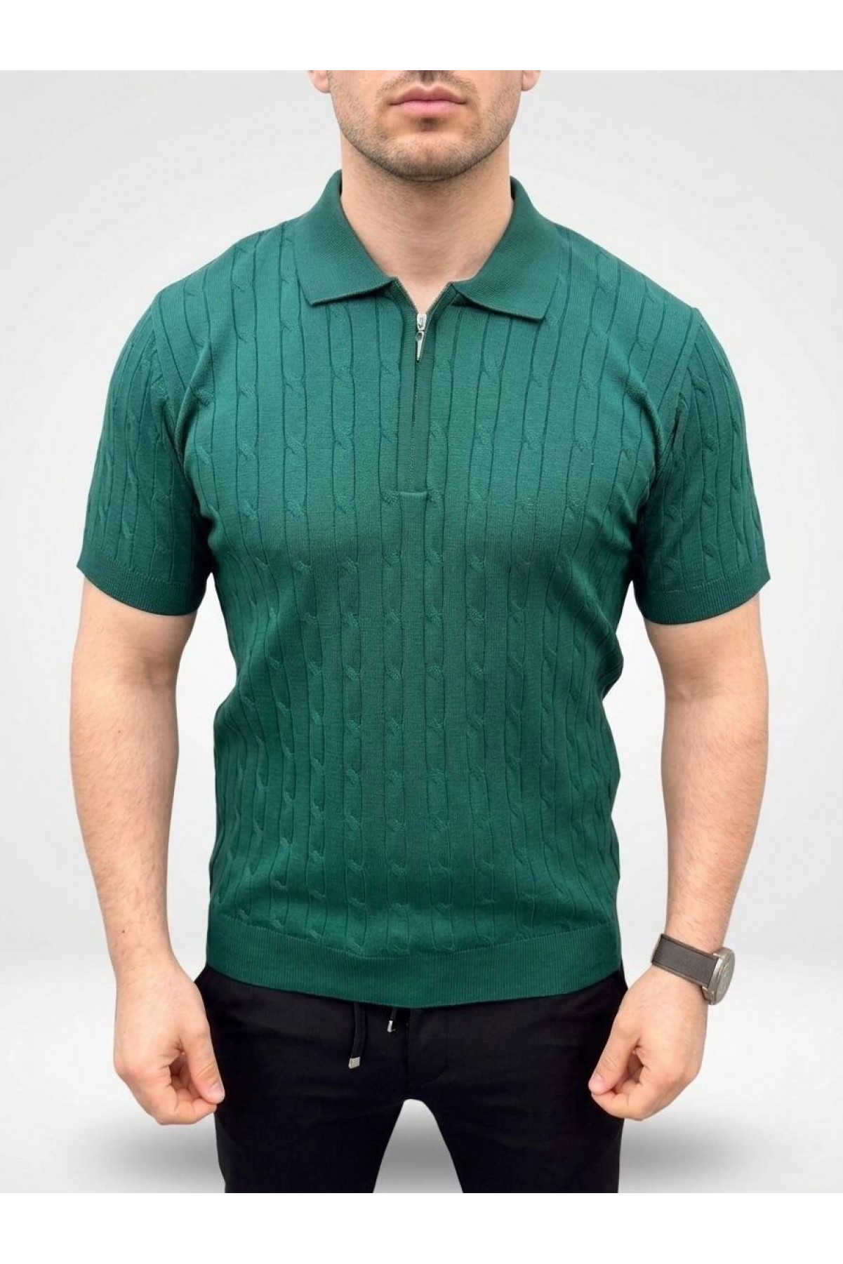 Erkek Yazlık Triko Saç Örgü Tişört Kısa Kol Polo Yaka Fermuarlı T-Shirt - Haki