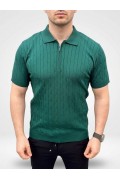 Erkek Yazlık Triko Saç Örgü Tişört Kısa Kol Polo Yaka Fermuarlı T-Shirt - Haki