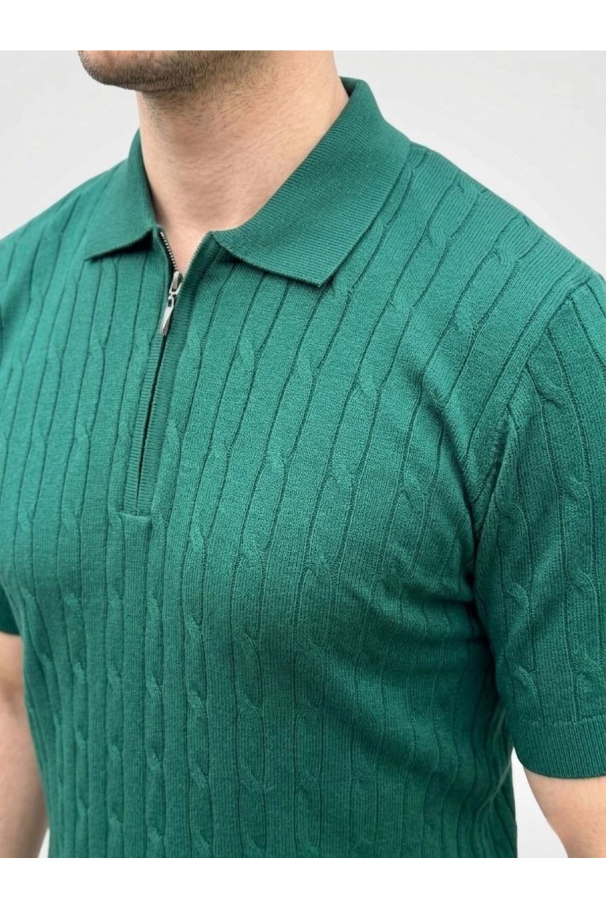 Erkek Yazlık Triko Saç Örgü Tişört Kısa Kol Polo Yaka Fermuarlı T-Shirt - Haki