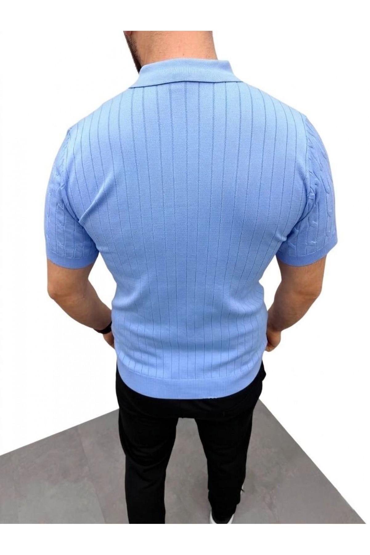 Erkek Yazlık Triko Saç Örgü Tişört Kısa Kol Polo Yaka Fermuarlı T-Shirt - Bebe Mavisi