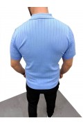 Erkek Yazlık Triko Saç Örgü Tişört Kısa Kol Polo Yaka Fermuarlı T-Shirt - Bebe Mavisi