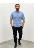 Erkek Yazlık Triko Saç Örgü Tişört Kısa Kol Polo Yaka Fermuarlı T-Shirt - Bebe Mavisi