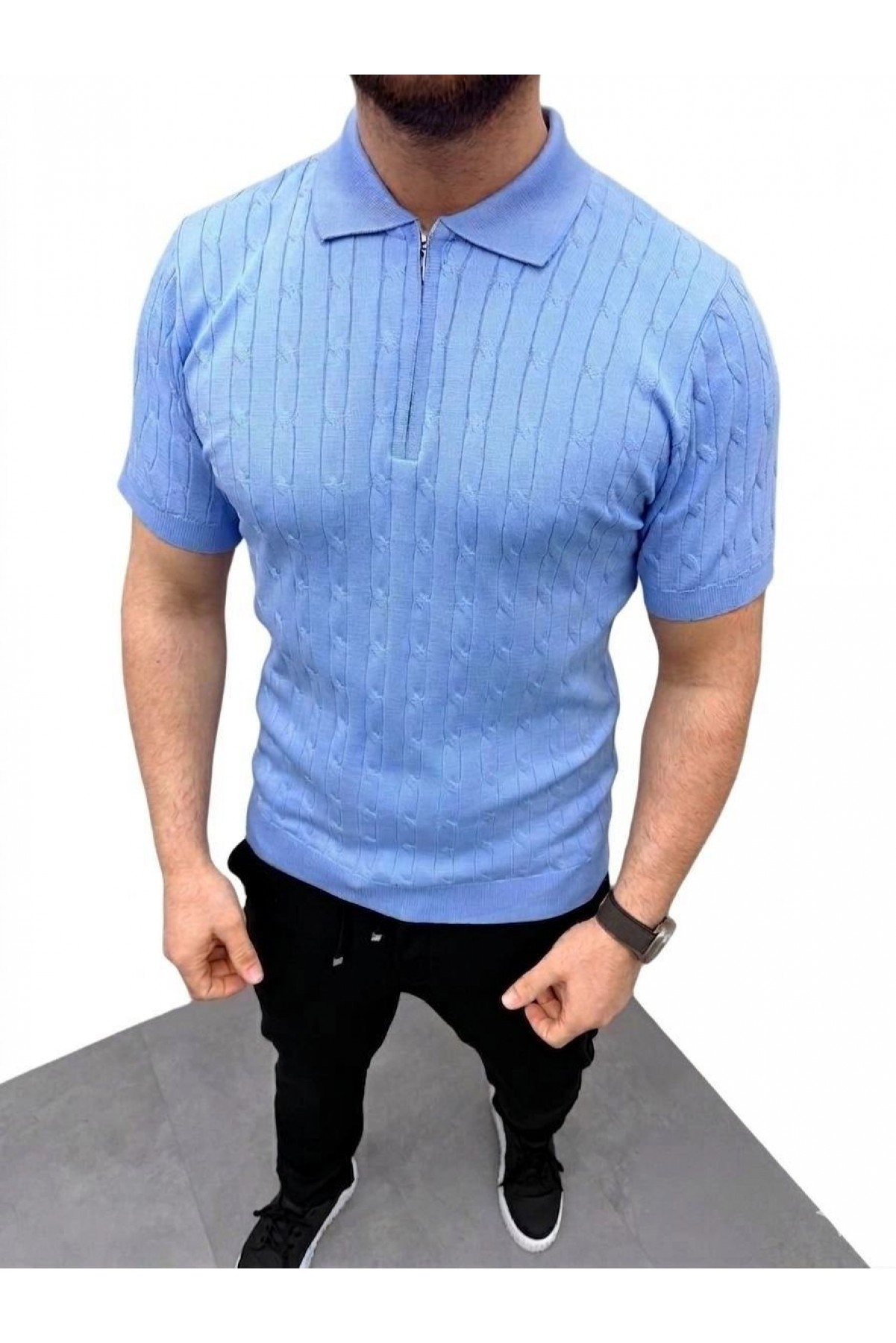 Erkek Yazlık Triko Saç Örgü Tişört Kısa Kol Polo Yaka Fermuarlı T-Shirt - Bebe Mavisi