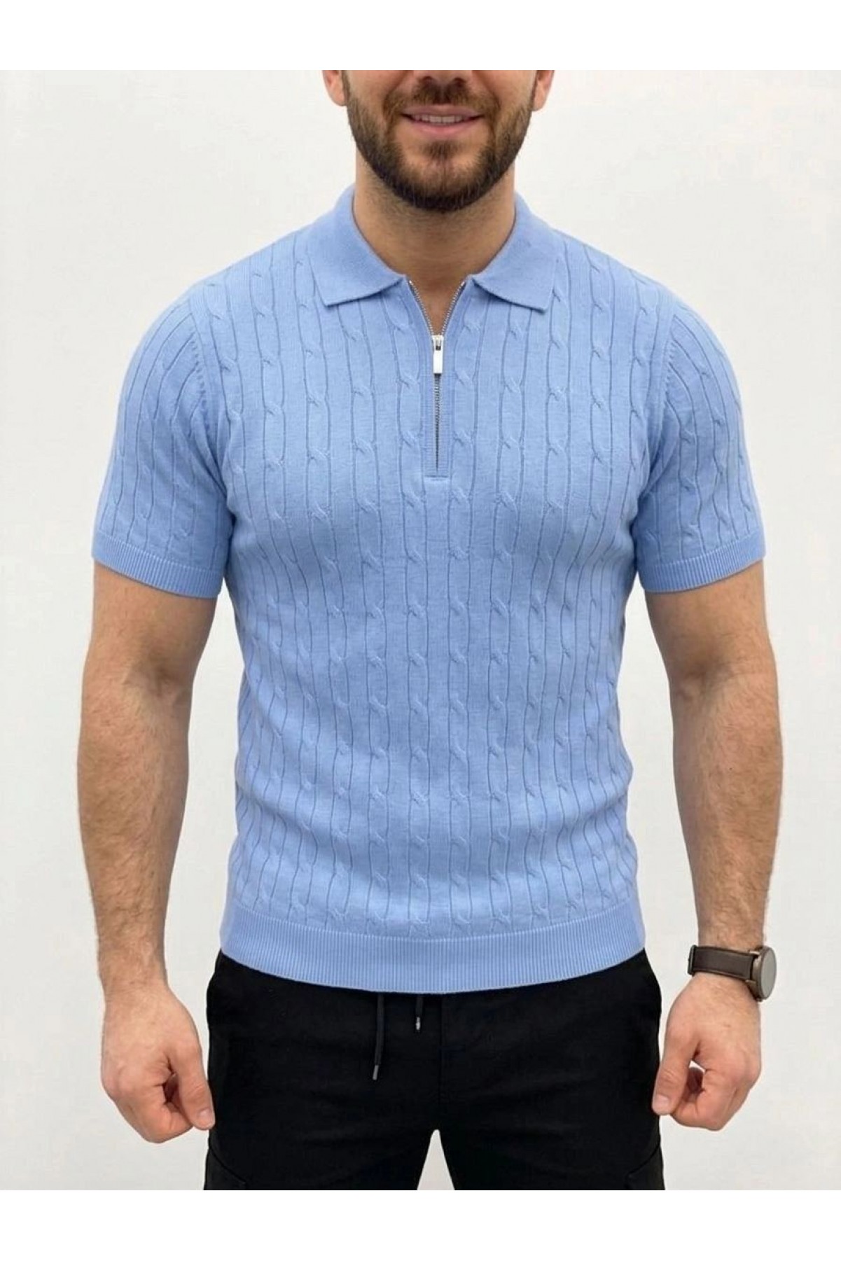 Erkek Yazlık Triko Saç Örgü Tişört Kısa Kol Polo Yaka Fermuarlı T-Shirt - Bebe Mavisi